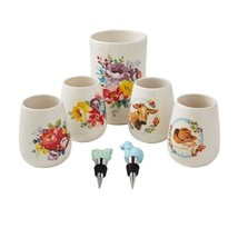 Pioneer Woman Sweet Rose Stoneware Wine Set Chiller Stoppers Cups 7-Pc G... - $46.45