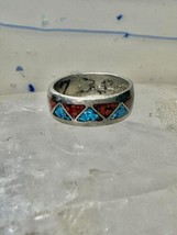 Zuni ring turquoise coral chips wedding band size 6.75 sterling silver women men - £42.72 GBP
