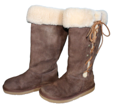 UGG Women&#39;s UPSIDE Tall Cuffed Sheepskin Brown Side Lace-Up Warm Boots ~5~ 5163 - £30.81 GBP