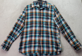 Lands&#39; End Shirt Boys XL Teal Orange Plaid Flannel Pocket Collared Button Down - £14.74 GBP