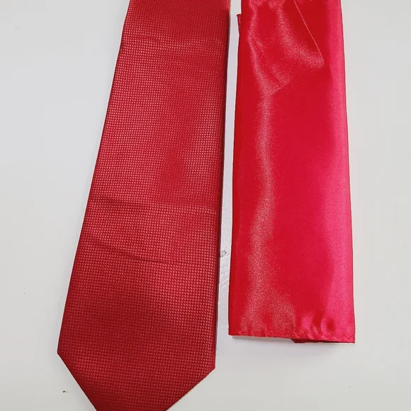New KaiLong Mens Hand Made Silk NeckTie Red Solid handkerchief - £25.39 GBP