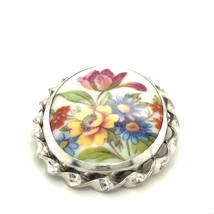 Vintage Signed Limoges France Sterling Painted Floral Porcelain Brooch Pendant - £50.61 GBP
