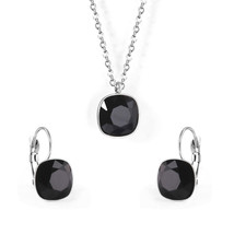 Black Crystal &amp; Silver-Plated Square Pendant Necklace &amp; Huggie Earrings - £11.21 GBP