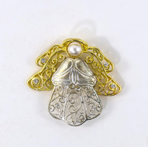 Angel Brooch Pin Metal Two Tone Silver/Gold Faux Pearl Rhinestones 2.25&quot; - £6.38 GBP