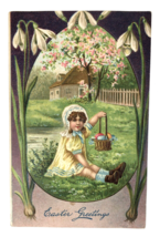 Antique Embossed Easter Greetings PC Lovely Little Girl Holding Basket w/ Eggs - £12.78 GBP