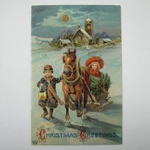 Christmas Postcard Victorian Boy &amp; Girl Horse Sled EAS Gel Gold Embossed Antique - £23.91 GBP
