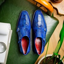 Genuine Ostrich Leg Double Monk Strap Shoes Napoli Electric Blue image 8