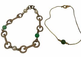 Vintage Lot of 2 Gold Tone Green Metal Link Bracelet Dainty 60s 70s - £9.31 GBP