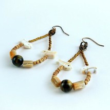 Dangle Earrings Stone Fish Tigers Eye Abalone Shell Beads Copper Fashion Jewelry - £7.95 GBP