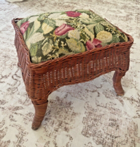 Needlepoint Stool Footstool Wicker Roses Pink Green Cottagecore Romantic Vintage - £103.15 GBP