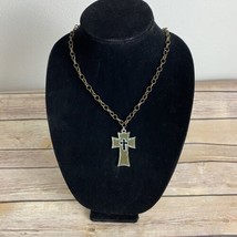 Gold Tone Womens Necklace Cross with Cross Turquoise inside Textured Chain 18&quot; - £15.58 GBP