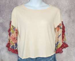 UMGEE Beige Floral Top Blouse Womens Large Linen Animal Print Ruffle Sle... - $32.06 CAD