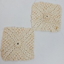 Vintage Hand Crochet Raised Beige Flower 4 Inch Square Doily SET OF 2 - £10.55 GBP