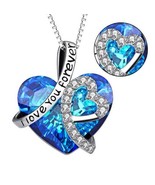 Women&#39;s Blue Heart Crystal Pendant Necklace 925 Silver - £20.33 GBP