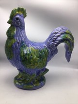 Rooster Chicken Pottery Majolica Glaze Blue Green Hollow Farmhouse Country 14&quot; - £37.45 GBP