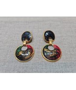 Vintage 1980s Gold Tone Blue/Green/Red Swirl Design Circle Dangle Earrin... - £11.18 GBP