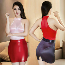 Women Glossy Zipper Bodysuit Silky Leotard Top Micro Mini Skirt Secretary Dress - £5.32 GBP
