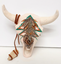 Mini Ceramic Steer Bull Skull w Horns Embellished Southwest Hand Painted... - $29.95