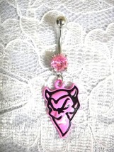 NEW PINK DEVIL HEAD CHARM ON DAZZLING 14G PINK PRONGED CZ BELLY BAR NAVE... - $4.99