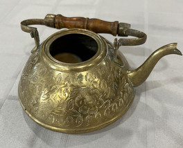 ENGRAVED Antique Gold Toned Metal Tea Kettle 3” without top, wood handle India - £27.18 GBP