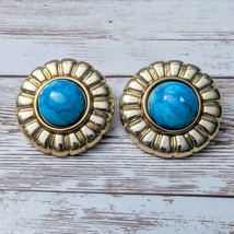 Vintage Clip On Earrings 1 &amp; 5/8&quot; Gold Tone and Marbled Blue Statement Large - $16.99