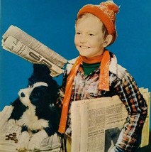 Boy And Dog Black &amp; White Puppy Paperboy Art Print Vintage 1940s Lithograph NOS - £11.70 GBP