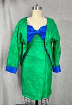 Vtg 1980s Kelly Green Raw Silk Mini Dress 3 Piece Outfit Sz XS Kitschy Unique - £152.88 GBP