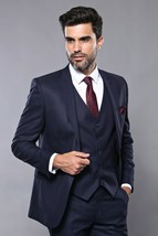 Men 3pc European Vested Suit Wessi J.Valintin Extra Slim Fit JV23 Navy Striped - £120.63 GBP