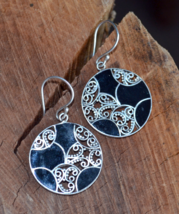 Sterling silver earrings, round silver earrings, Black enamel earrings, E428 - £19.17 GBP
