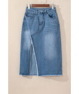 Light Blue Frayed Slit Asymmetric Denim Midi Skirt - $465.98 MXN