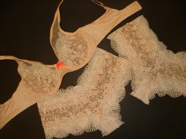 Victoria&#39;s Secret unlined 34D BRA SET S,L shortie panty BEIGE white lace orange - £66.59 GBP