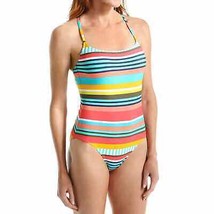 ANNE COLE Tropication Criss-Cross Back Striped One Piece Swimsuit 6 Pink Teal - £23.70 GBP