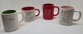 4 Rae Dunn Magenta Coffee Mug Cup Lot Xmas Happy Holidays Joy Peeps Sake Snooze - £23.19 GBP