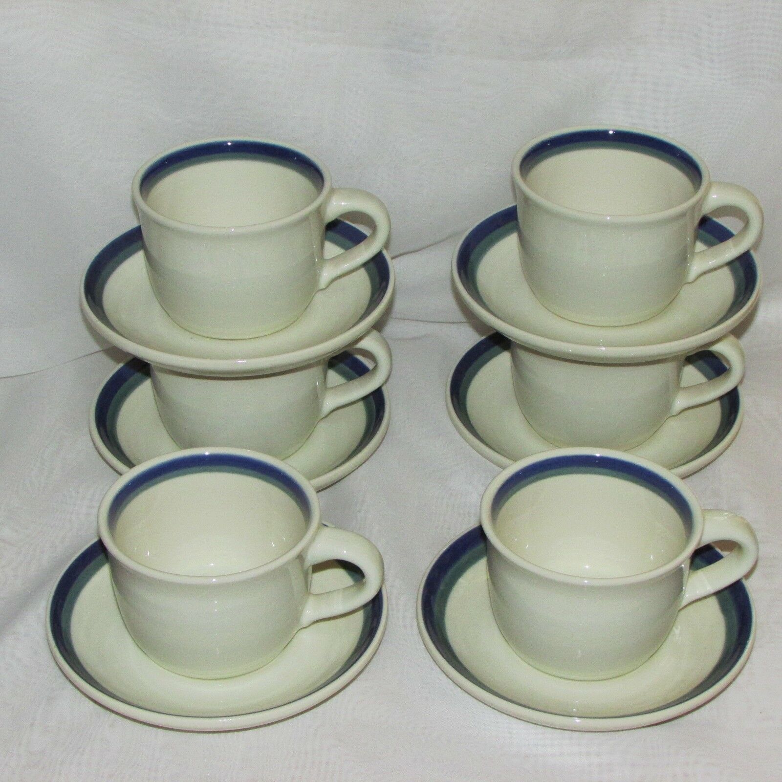 PFALTZGRAFF NORTHWINDS COFFEE CUP & SAUCER LOT 6 STONEWARE BLUE GREEN BANDS TEA - $24.99