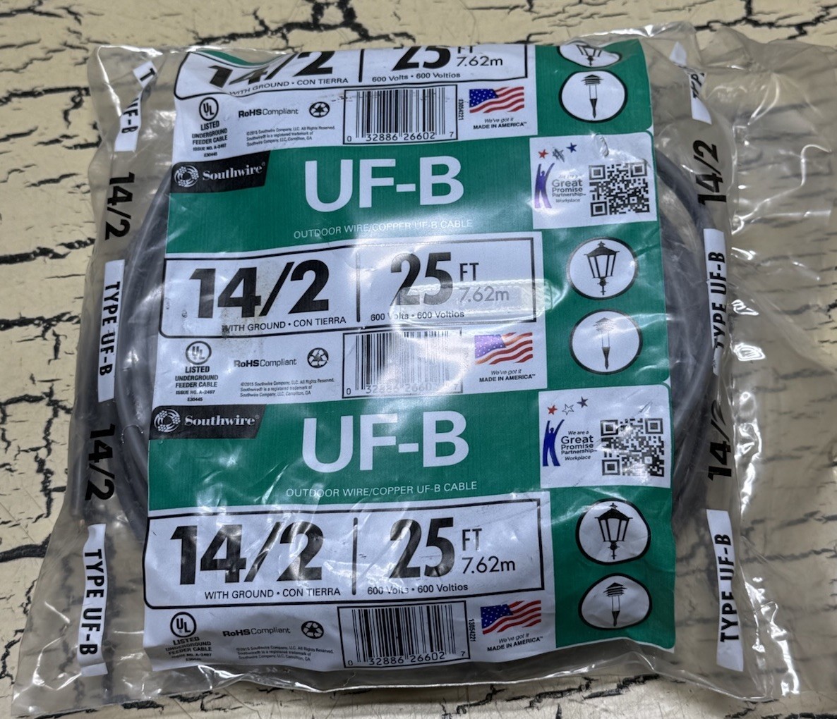 Southwire Outdoor Copper Wire Type UF-B 14/2 With Ground 25ft 600 Volt N... - $24.99