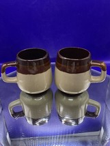 Set Of 2 Vintage Stoneware Coffee Mug Brown And Tan Stripe 70s Style Tri... - $8.00