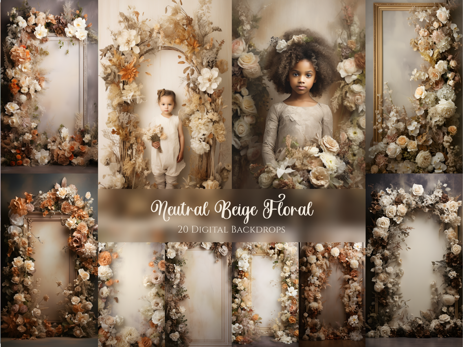 Primary image for 20 x Neutral Beige Floral Digital Backdrops, Photoshop Backdrop Overlays