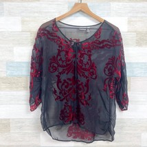Chicos Travelers Sheer Velvet Embroidered Blouse Black Red Nylon Womens 0 Small - £23.73 GBP