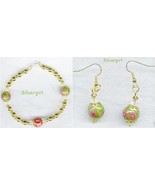 Floral Green Pink Red Lampwork Bracelet and Earring Set - £14.14 GBP
