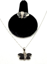 Black &amp; White Diamond Butterfly 10k White Gold Ring &amp; Necklace Set - £430.75 GBP