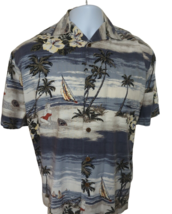 Palm Island blue Hawaiian camp shirt palm trees pinup beach girls sailbo... - $20.78