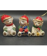 Vtg Lot Of 3 Ceramic Christmas Teddy Bear Ornaments 2.5&quot; Glazed Glitter ... - $13.10