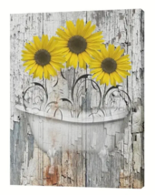 Yellow Sunflowers In Bathtub Rustic 11.8&quot; x 15.7&quot; Framed Canvas Wall Art NEW! - £10.99 GBP
