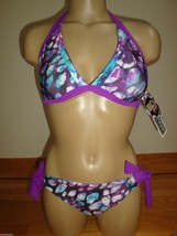 New Becca 2 Pc Swimsuit Reversible Halter TOP/SIDE Tie Bottom Purple Multi M - £55.26 GBP