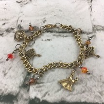 Girls Fashion Charm Bracelet Gold Tone With Dress Heart And Fan Charms  - $14.84