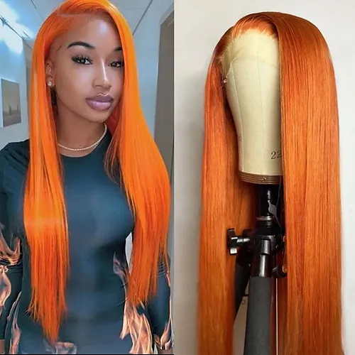 24&quot; Orange Straight HUMAN 13x4 Wig - £252.71 GBP