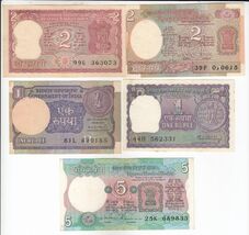 India, 1, 2, 5 Rupees Set of 5, All Different Sign Old Issues Banknote - $11.25