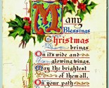 Auguri di Natale Poesia Decorato Testo Agrifoglio Goffrato Dorato 1910 DB - $7.13