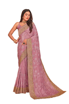 Designer Pink Resham Zari Embroidery Work Sari Crepe Silk Party Wear Saree - £70.58 GBP