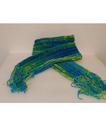 Handmade Crochet Ribbed Scarf Blue Green Yellow Winter Warm With Fringe - £22.09 GBP